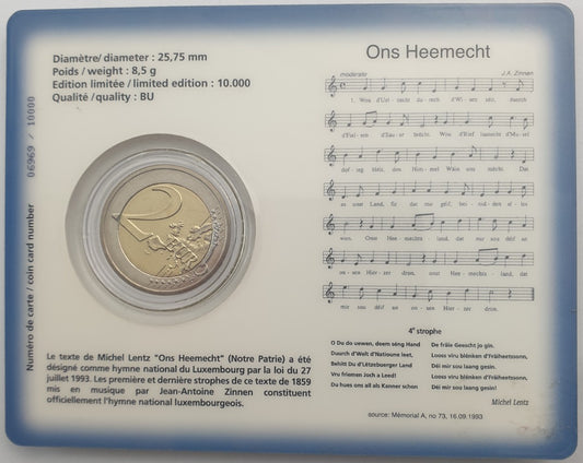 Luxembourg - 2 Euro 2013, Hymne national Henri Ier, (Carte à pièces)