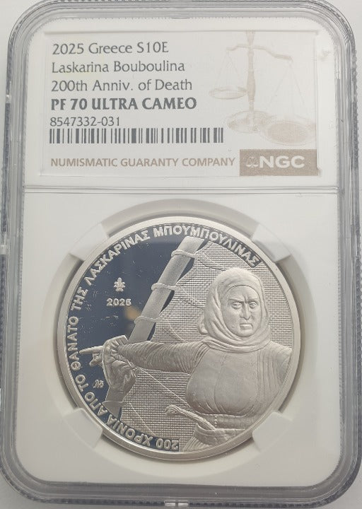 Grèce - 10 euros 2025 (PF 70 ULTRA CAMEO), 200 ans après la mort de Laskarina Bouboulinas, argent, Belle Épreuve