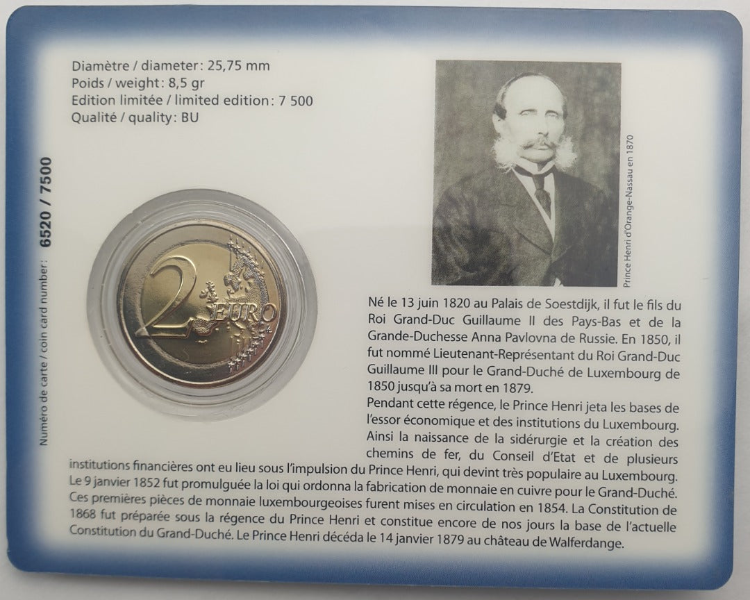 Luxembourg - 2 euros 2020, Henri Ier Prince Henri, (Carte à pièces)