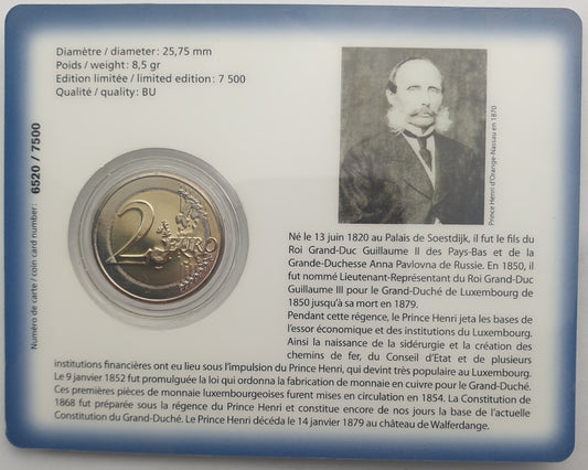 Luxembourg - 2 euros 2020, Henri Ier Prince Henri, (Carte à pièces)