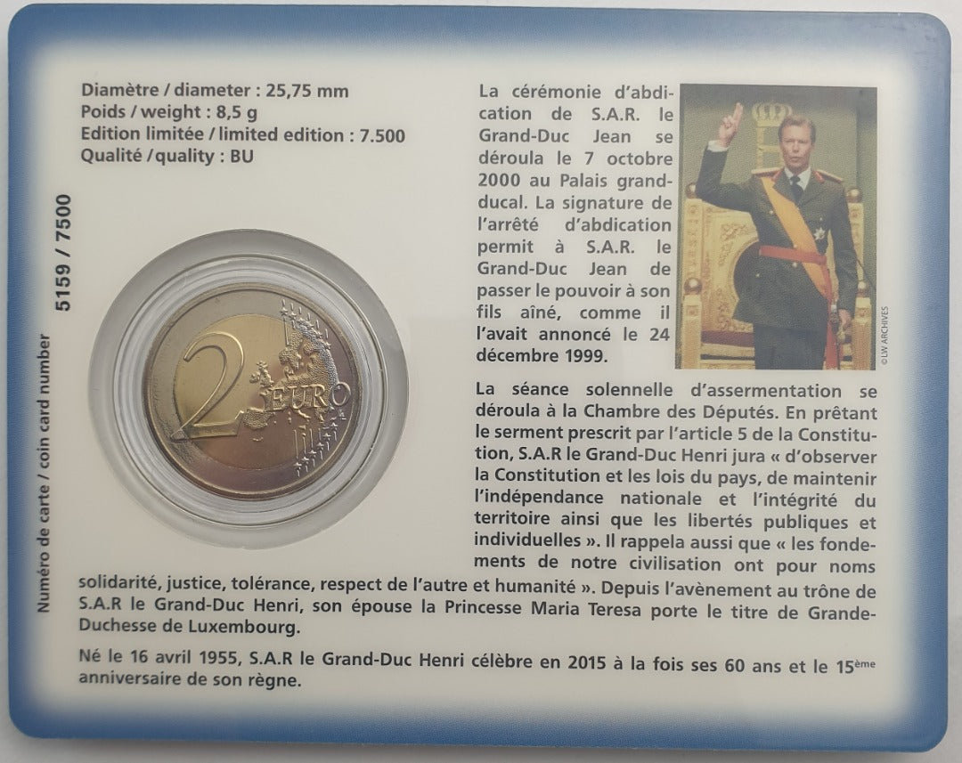 Luxembourg - 2 euros 2015, accession au trône d'Henri Ier (carte-monnaie)