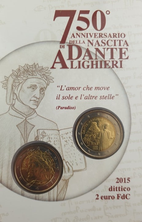 Italie - 2 euros 2015, 750e anniversaire de la naissance de Dante Alighieri, (Carte-pièce)
