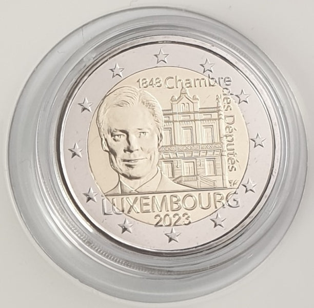 Luxembourg - 2 euros 2023, dédiée à la Chambre des représentants + marque d'atelier, BU (carte-pièce)