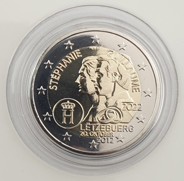 Luxembourg - 2 euros 2022, Mariage de Guillaume et Stéphanie + Marque d'atelier, BU (Carte-pièce)
