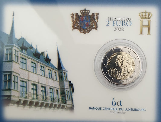 Luxembourg - 2 euros 2022, Mariage de Guillaume et Stéphanie + Marque d'atelier, BU (Carte-pièce)