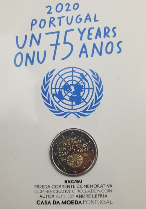 Portugal - Pièce de 2 euros 2020, 75e anniversaire de la fondation de l'ONU (carte-pièce)