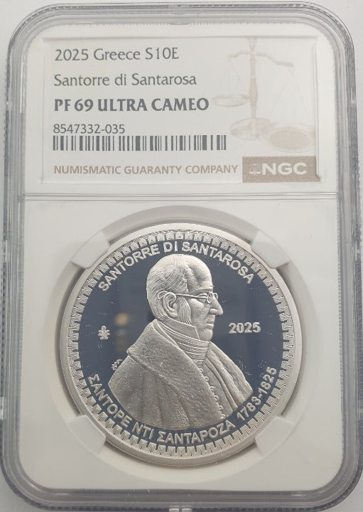 Grèce - 10 Euro 2025 (PF 69 ULTRA CAMEO), SANTORE DI SANTAROZA, BE, Argent