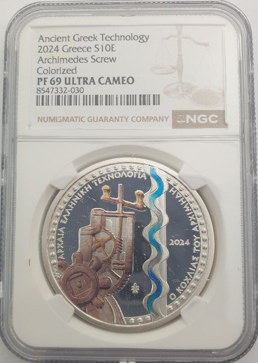 Grèce - 10 euros 2024 (PF 69 ULTRA CAMEO), Vis d'Archimède, Argent, ÉPREUVE