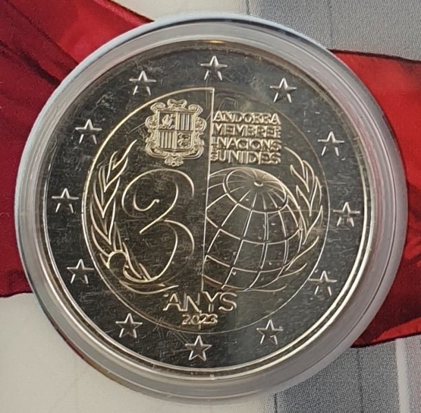 Andorre - 2 euros 2023, 30 ans d'adhésion d'Andorre aux Nations Unies (carte à pièces)