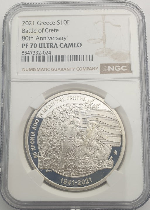 Grèce - 10 Euros 2021 (PF 70 ULTRA CAMEO), 80e anniversaire de la bataille de Crète, Épreuve en argent