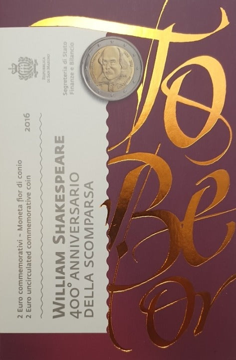 Saint-Marin - 2 euros 2016, William Shakespeare, (Carte à pièces)