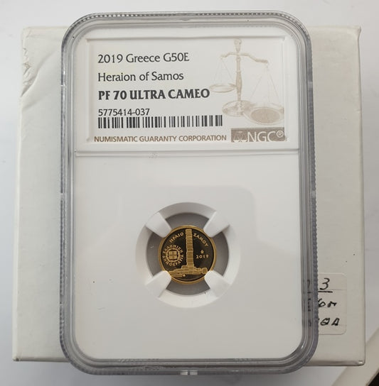 Grèce - 50 euros 2019 (PF 70 ULTRA CAMEO), Héraion de Samos, épreuve en or