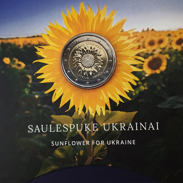 Lettonie - 2 euros 2023, Tournesol ukrainien, Gloire à l'Ukraine, (Carte de monnaie)