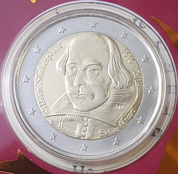 Saint-Marin - 2 euros 2016, William Shakespeare, (Carte à pièces)