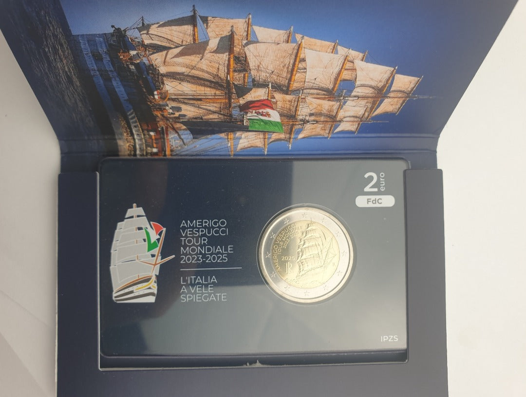 Italie - 2 euros 2025, Voyage du navire Amerigo Vespucci, (Carte à pièces)