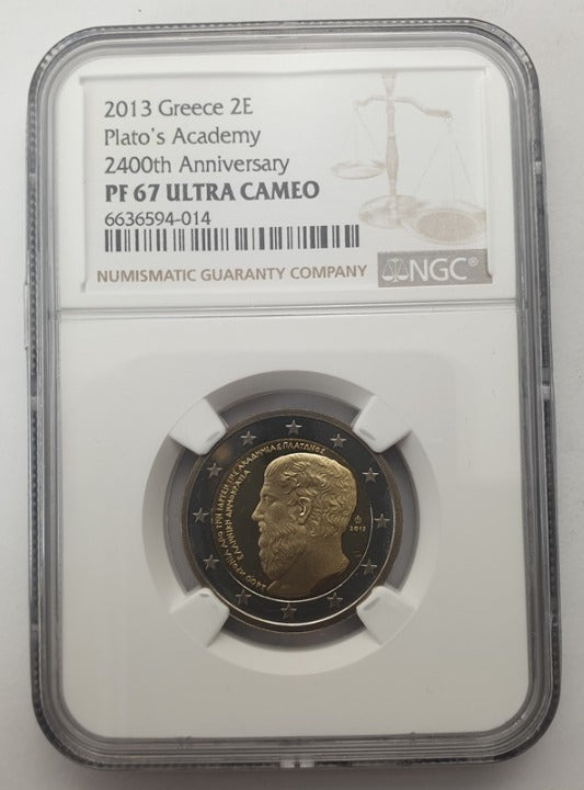 Grèce - 2 Euro 2013 (PF 67 ULTRA CAMEO), 2 400 ans depuis la fondation de l'Académie de Platon, PREUVE