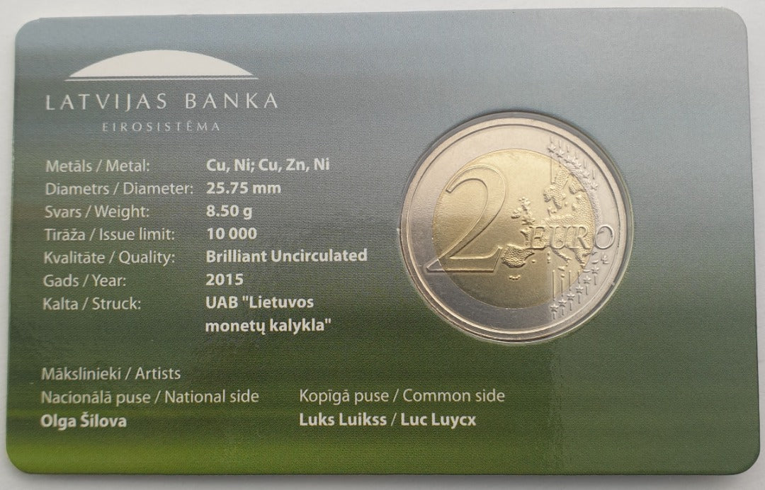 Lettonie - 2 euros 2015, Cigogne noire, (Carte à pièces)