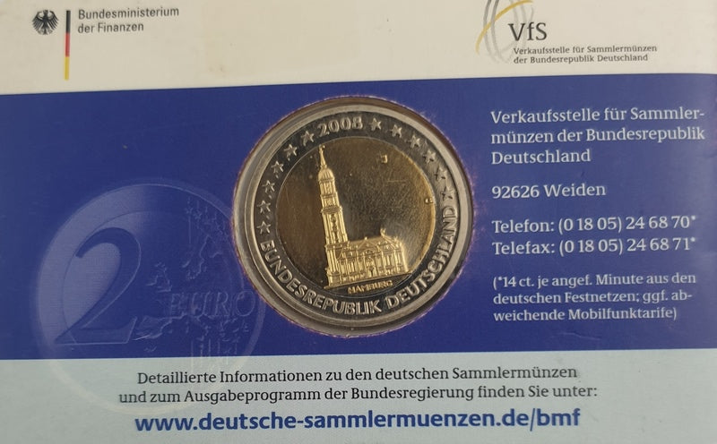 Allemagne - 2 euros 2008 J, Hambourg, (Carte à pièces)