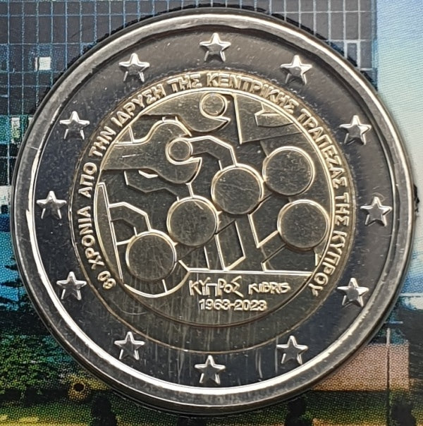 Chypre - 2 euros 2023, 60e anniversaire de la création de la Banque centrale de Chypre, non circulée, BU (carte-pièce)