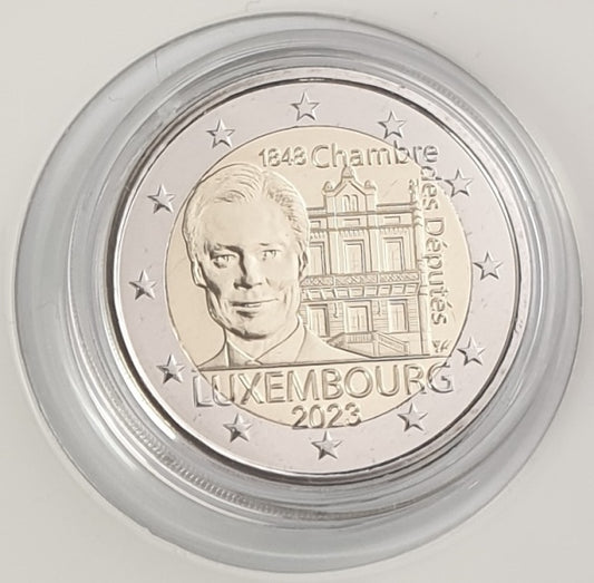 Luxembourg - 2 euros 2023, dédiée à la Chambre des représentants + marque d'atelier, BU (carte-pièce)