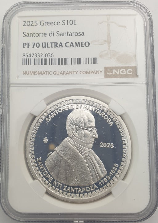 Grèce - 10 Euro 2025 (PF 70 ULTRA CAMEO), SANTORE DI SANTAROZA, BE, Argent