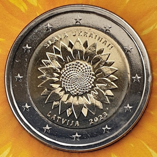 Lettonie - 2 euros 2023, Tournesol ukrainien, Gloire à l'Ukraine, (Carte de monnaie)