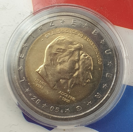 Luxembourg - 2 euros 2005, 50e anniversaire de la naissance d'Henri et 100e anniversaire de la mort d'Adolphe, (Carte-pièce)