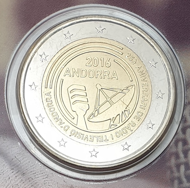 Andorre - 2 euros 2016, 25e anniversaire de la radio et de la télévision (carte à pièces)