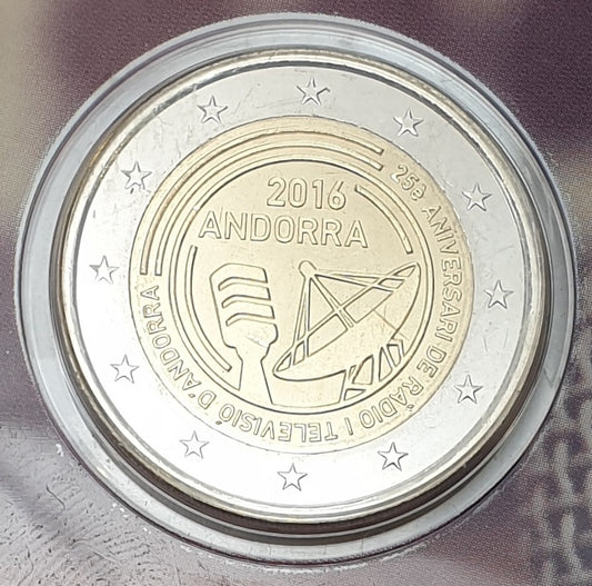 Andorre - 2 euros 2016, 25e anniversaire de la radio et de la télévision (carte à pièces)
