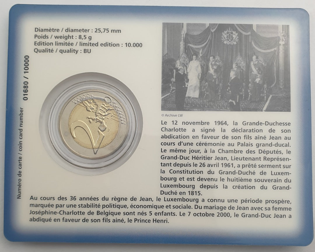 Luxembourg - 2 euros 2014, Jubilé d'or d'Henri Ier, (Carte-pièce)
