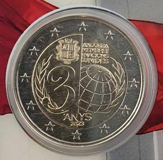 Andorre - 2 euros 2023, 30 ans d'adhésion d'Andorre aux Nations Unies (carte à pièces)