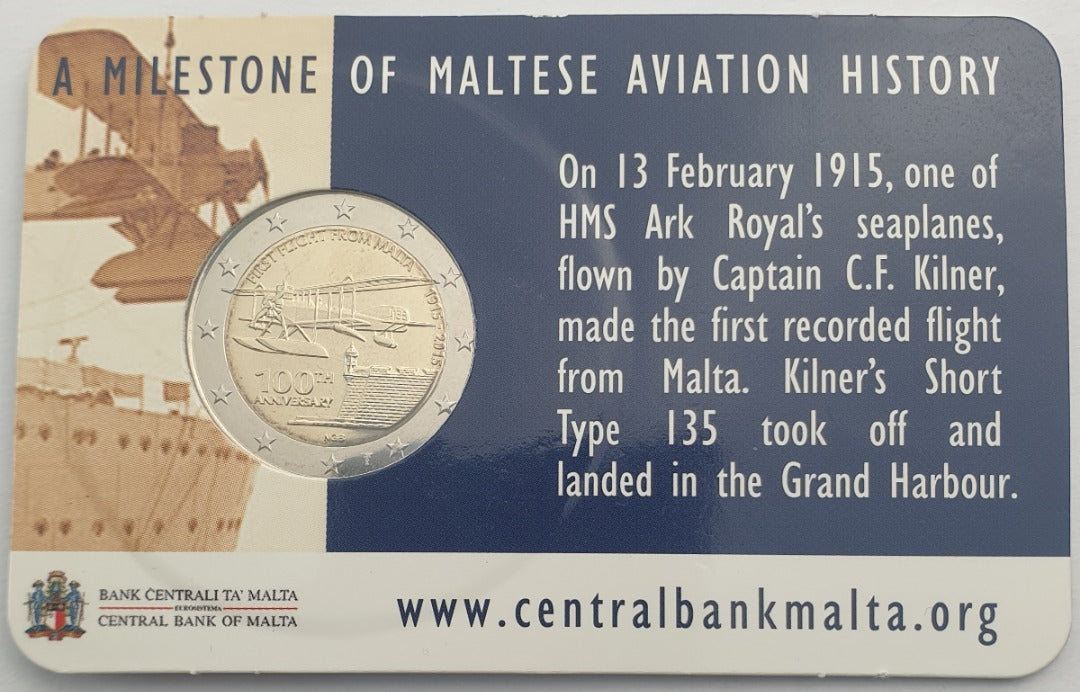 Malte - 2 euros 2015, Premier vol au départ de Malte, (Carte à pièces)