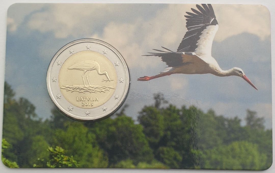 Lettonie - 2 euros 2015, Cigogne noire, (Carte à pièces)