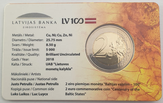 Lettonie - 2 euros 2018, 100e anniversaire des États baltes (carte-pièce)