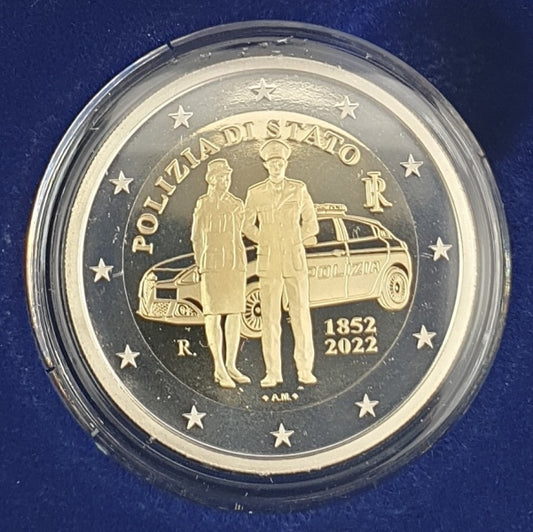 Italie - 2 Euro 2022, 170e anniversaire de la fondation de la police d'État, PREUVE